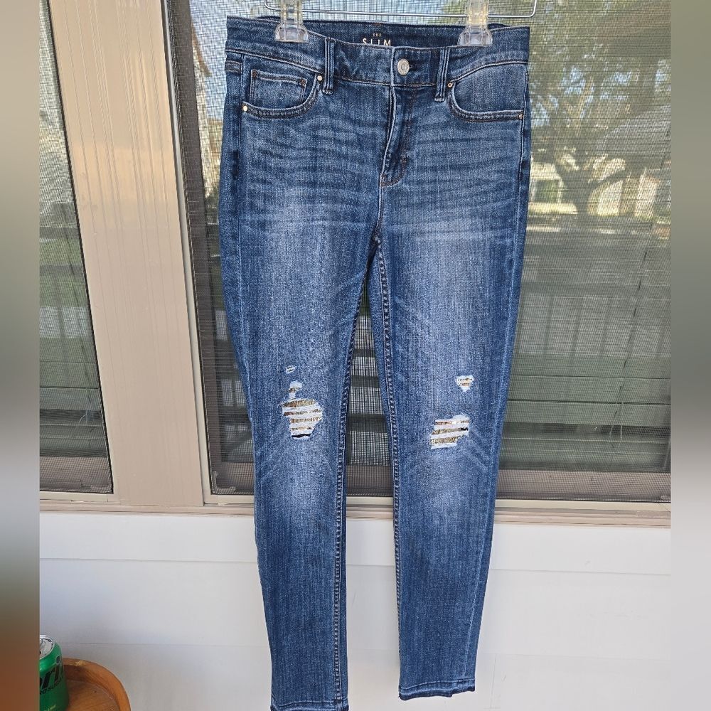 White House Black Market The Slim Mid Rise Fit Distressed Foil Peep Shimmer Sz 4